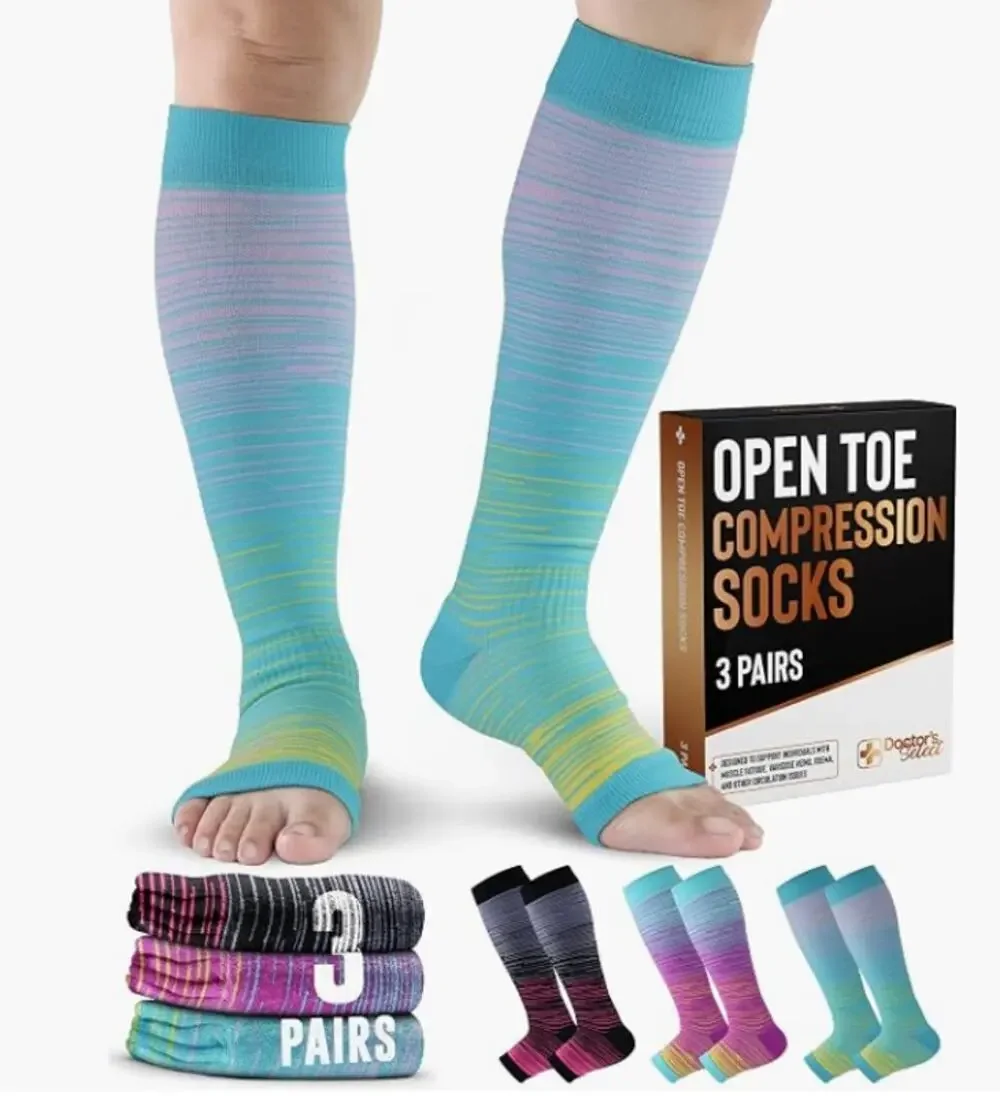 Doctors Select 3 Pairs Copper Toeless Compression Socks Open Toe Knee High L/XL